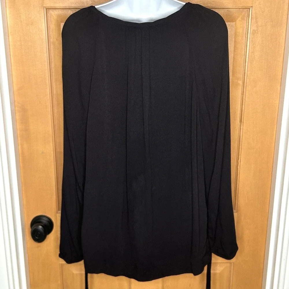 J Crew V-Neck‎ Blouse L Black Ruched Sleeves Pleats Minimalist Capsule J6240